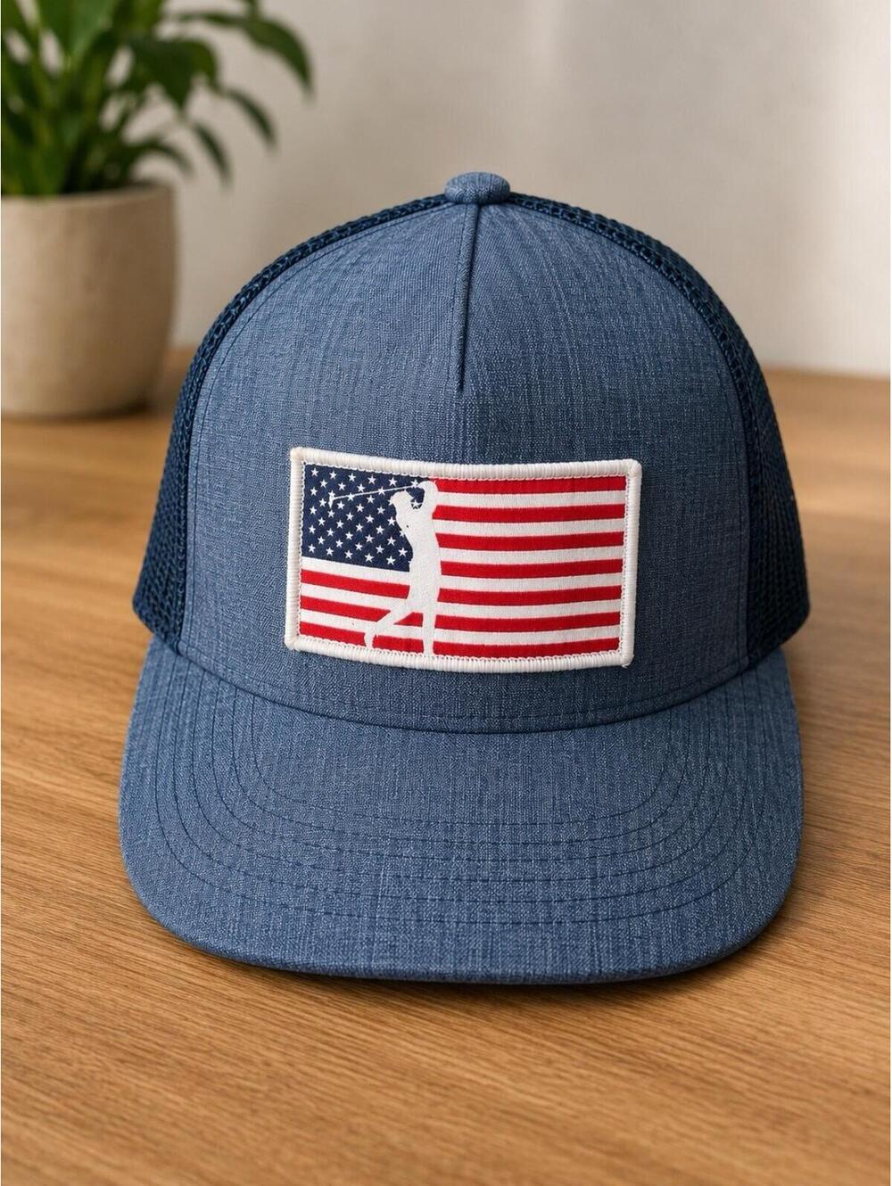 Walter Hagen Golf Hat Trucker Cap USA Flag Golfer Patch Denim Mesh L/XL